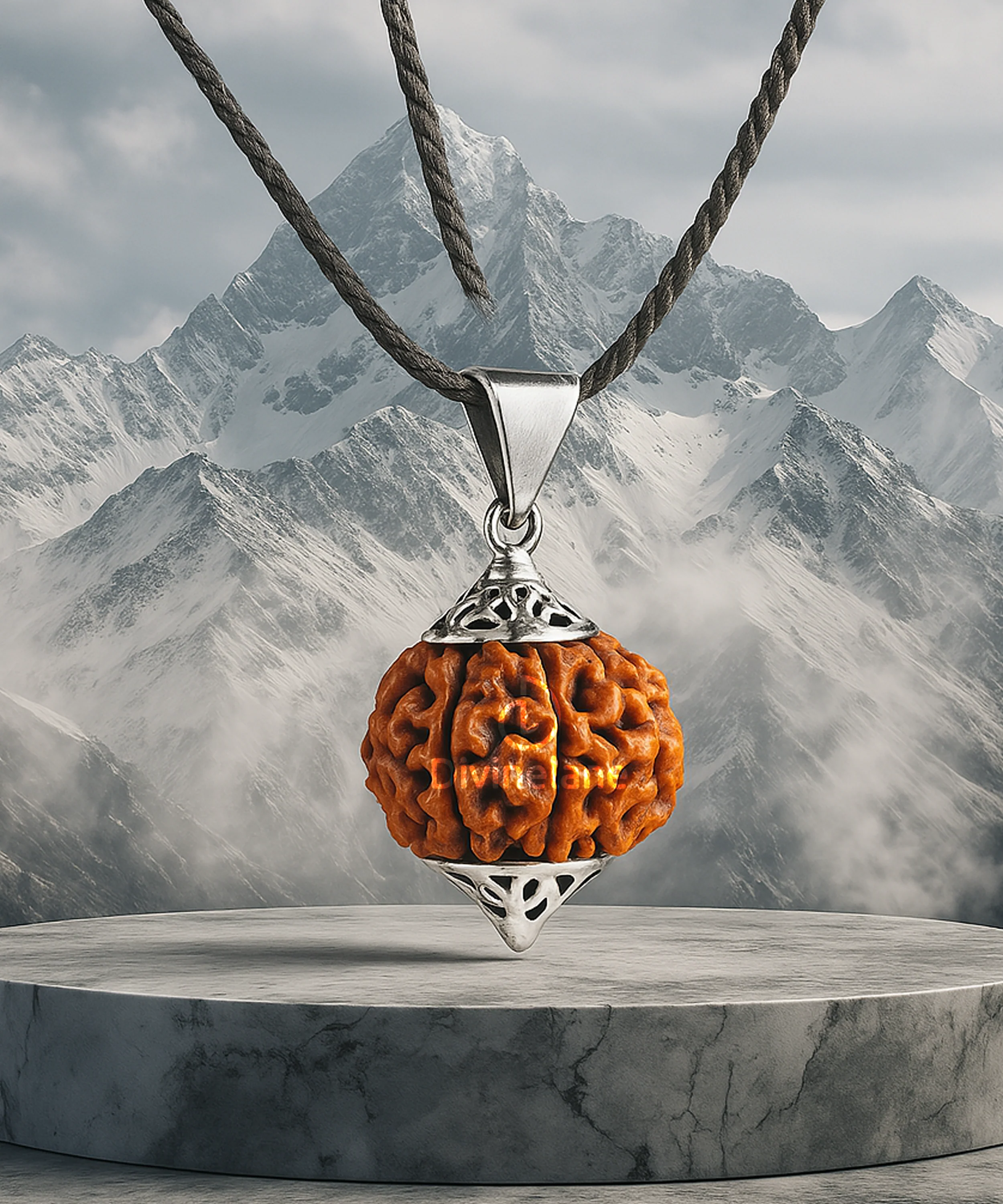 Rudraksha pendant against Himalayan mountains